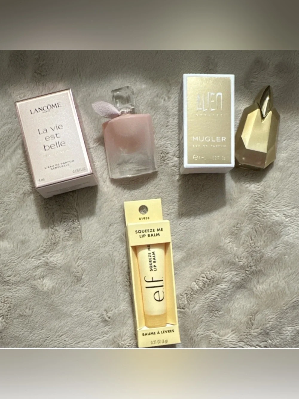 Lancome La Vie Est Belle,Mugler Alien Goddess PerfumeMinis 6ml/e.l.f. Lip Balm
